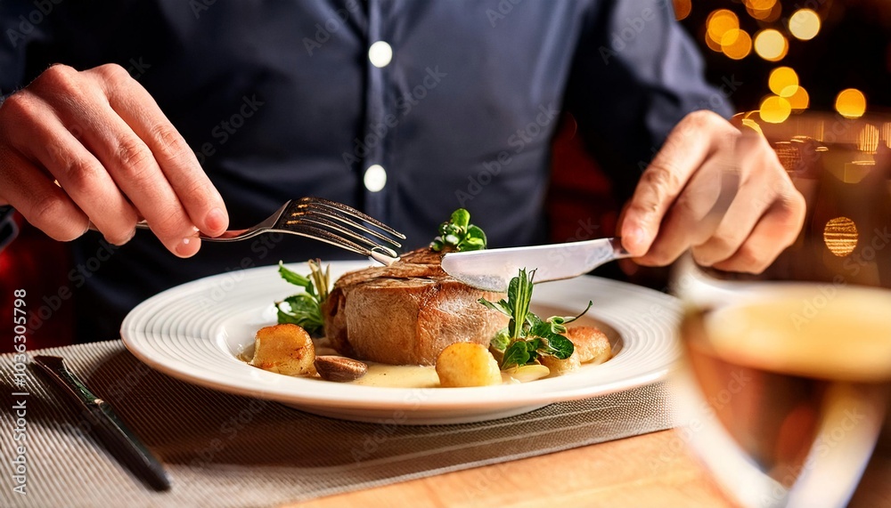 Faceless man eat Blanquette de Veau in restaurant with bokeh background. France Food. Faceless man eat Blanquette de Veau in restaurant with bokeh background. France Food.