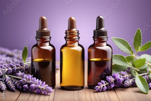 Peppermint oil bottles and lavender, horizontal composition