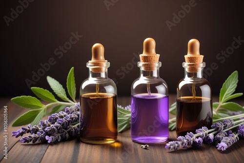 Peppermint oil bottles and lavender, horizontal composition