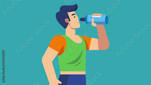 The man stays hydrated throughout his workout always remembering to have water on hand to replenish his body.. Vector illustration