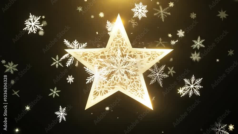 Glowing Golden Star with Snowflakes on Black Background. Glowing Golden Star with Snowflakes on Black Background.