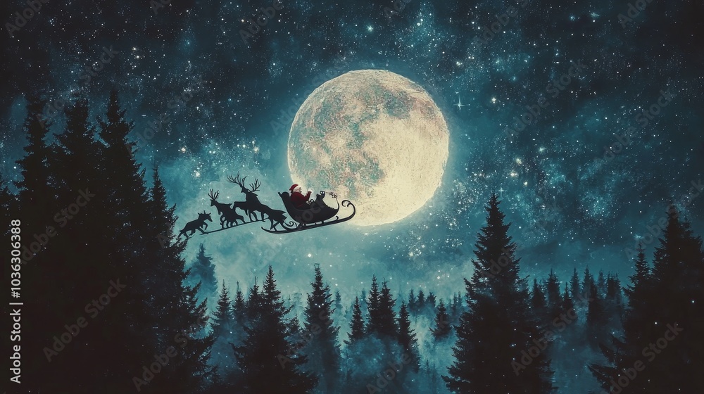 Fototapeta premium Santa flies across moonlit sky on Christmas Eve