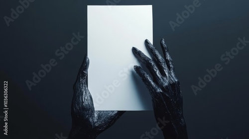 A scary black hand holds a blank sheet of paper, created with Generative AI technology.