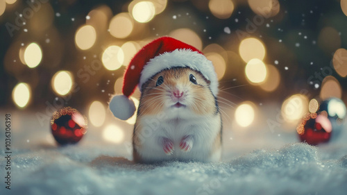 Adorable small pet in a Santa hat surrounded by festive decorations on New Year's Eve