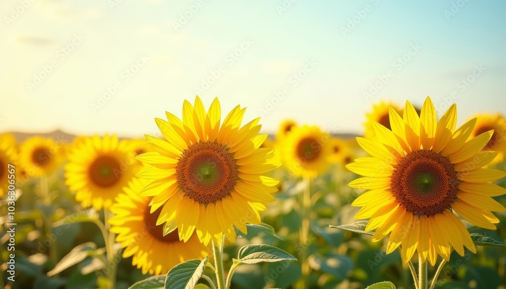 Fototapeta premium Bright and cheerful sunflower field under a clear sky