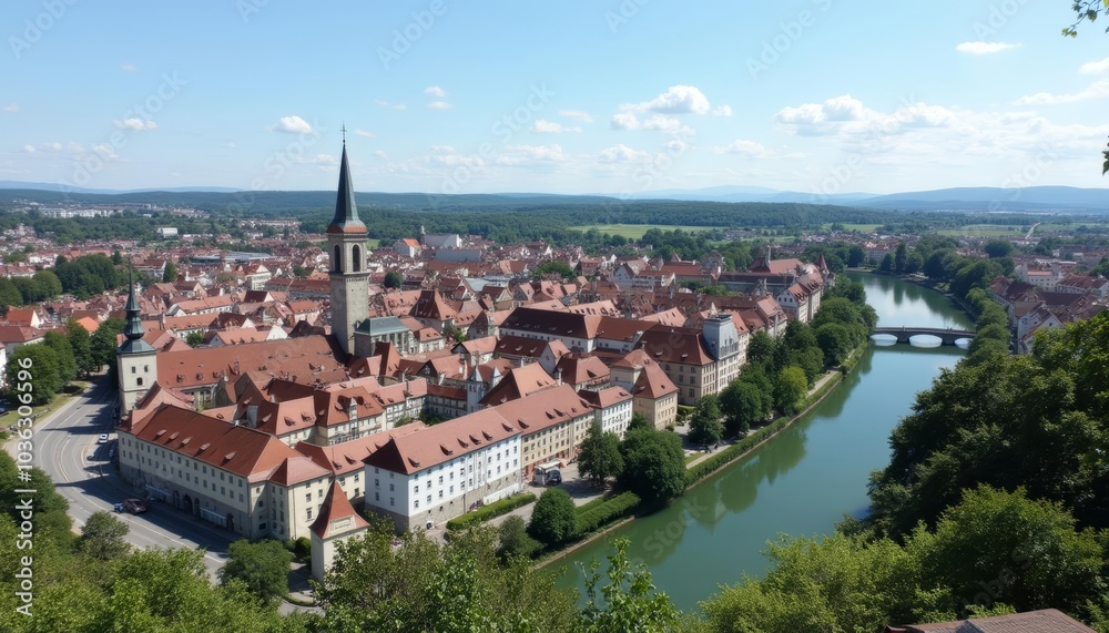 Charming riverside town under a clear sky Charming riverside town under a clear sky