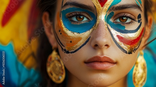 A closeup photograph of a womans head with painted face at an event
