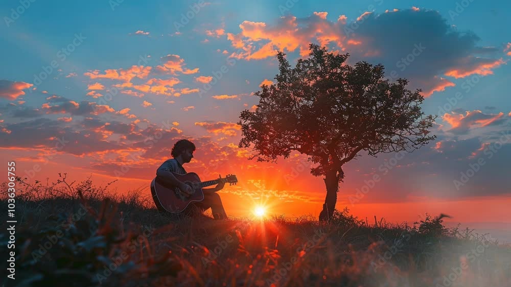 A musician plays guitar under a tree at sunset in a serene landscape filled with warm colors and gentle breezes. seamless looping animation background A musician plays guitar under a tree at sunset in a serene landscape filled with warm colors and gentle breezes. seamless looping animation background