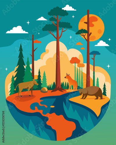 Clearting of oldgrowth forests for logging destroying crucial habitats for endangered animals and reducing the forests ability to mitigate climate change.. Vector illustration