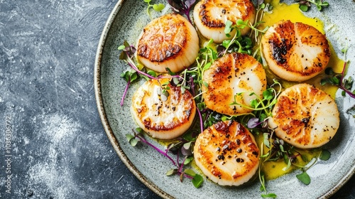 A plate of perfectly seared scallops, garnished with microgreens and a drizzle of lemon butter sauce.