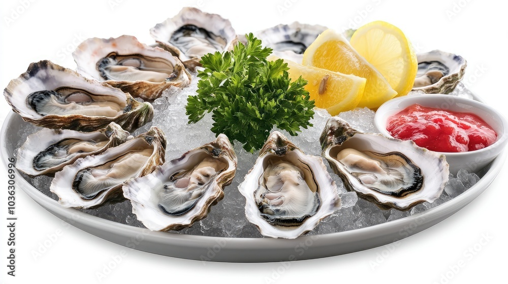 A platter of fresh oysters on ice, garnished with lemon wedges and a side of cocktail sauce. A platter of fresh oysters on ice, garnished with lemon wedges and a side of cocktail sauce.