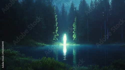 a dark forest with a lake in the middle, a glowing ghost of a woman standing by the lake