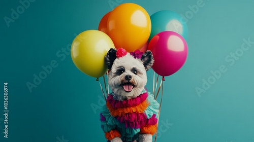Celebration Dog with Colorful Balloons