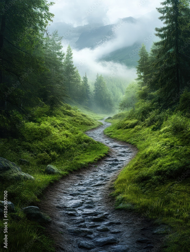A serene, misty forest scene with a winding stream, lush greenery, and towering trees set against a backdrop of fog-covered mountains. A serene, misty forest scene with a winding stream, lush greenery, and towering trees set against a backdrop of fog-covered mountains.