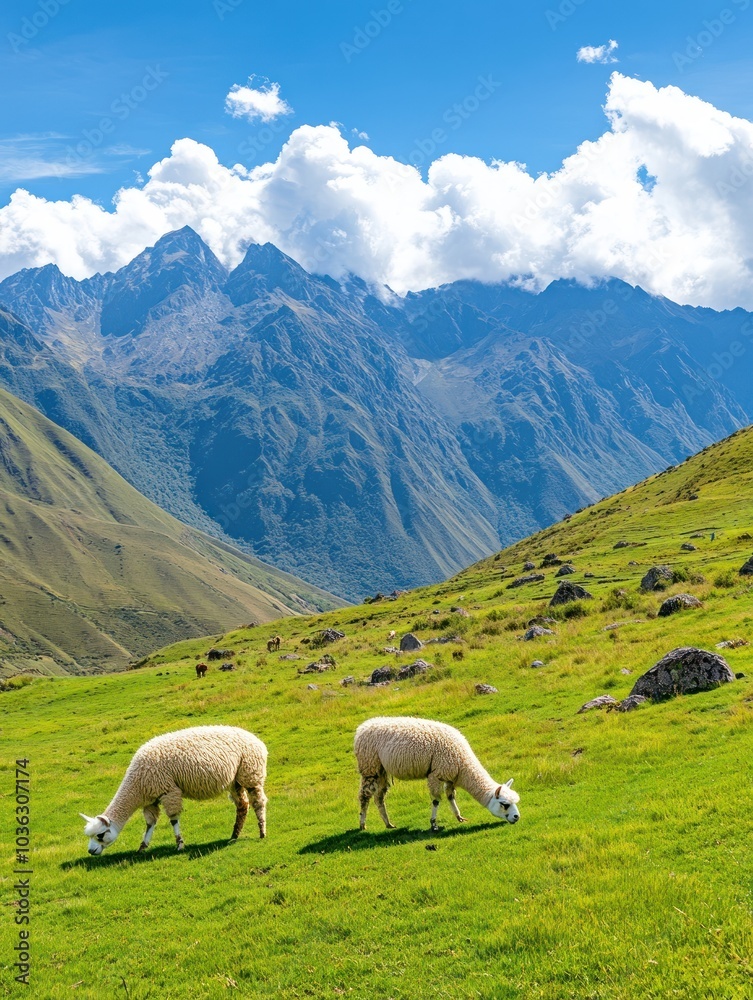 Fototapeta premium Scenic view of two sheep grazing on lush green grass with majestic mountains and bright blue skies in the background.