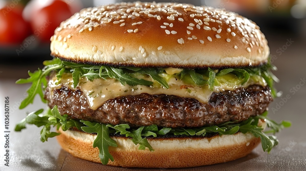 Delectable and flavorful organic beef burger topped with creamy avocado peppery arugula and a tantalizing spicy aioli Delectable and flavorful organic beef burger topped with creamy avocado peppery arugula and a tantalizing spicy aioli