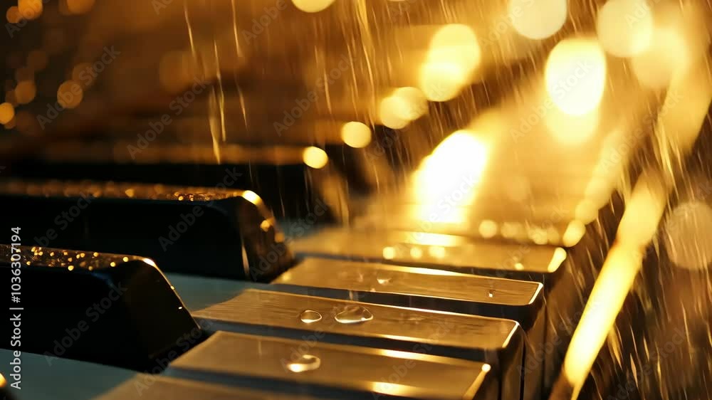 Rain falls on a piano keyboard, creating a soft, ambient melody in the city at night