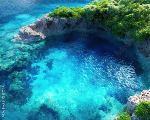 A vibrant underwater scene featuring crystal-clear blue waters and lush green foliage along rocky cliffs.