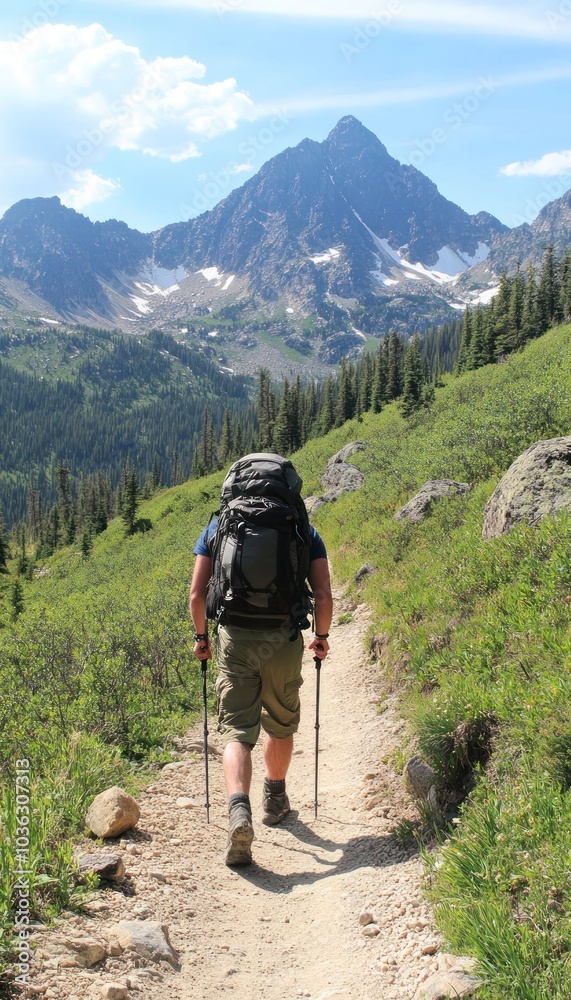 A hiker traverses a scenic mountain trail, surrounded by lush greenery and towering peaks under a clear blue sky.