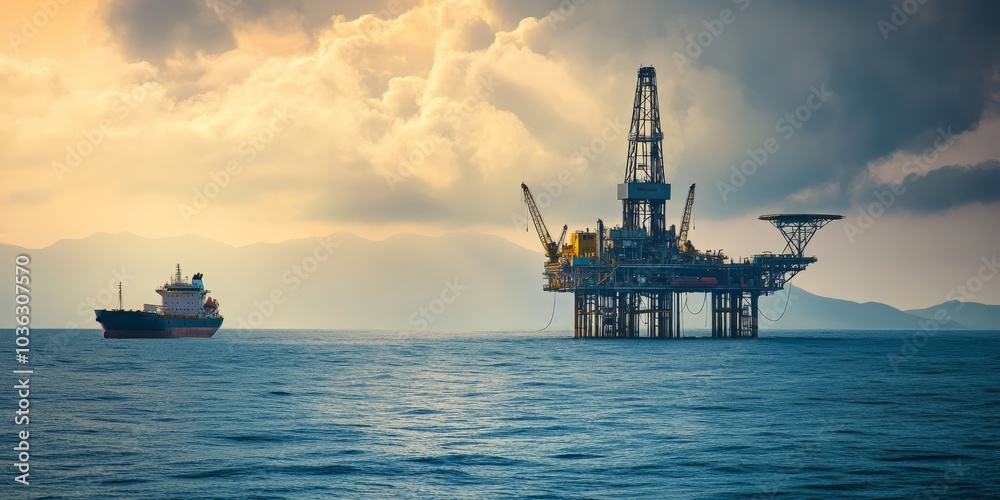 Offshore oil rig platform with a supply vessel positioned at sea, highlighting the oil industry's essential operations in marine environments. This industrial scene captures the intricate relationship Offshore oil rig platform with a supply vessel positioned at sea, highlighting the oil industry's essential operations in marine environments. This industrial scene captures the intricate relationship
