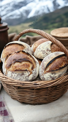 Craft Artisan Sourdough Bread in Rustic Basket with Scenic Mountain Backdrop, Freshly Baked Loaves, Perfect for Farmhouse Bakery and Gourmet Enthusiasts