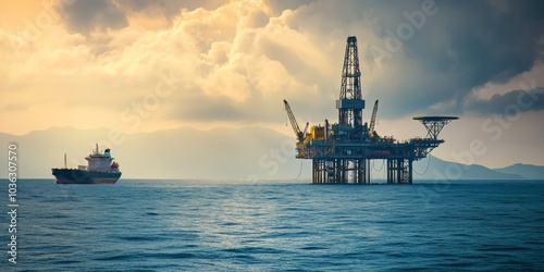 Offshore oil rig platform with a supply vessel positioned at sea, highlighting the oil industry's essential operations in marine environments. This industrial scene captures the intricate relationship