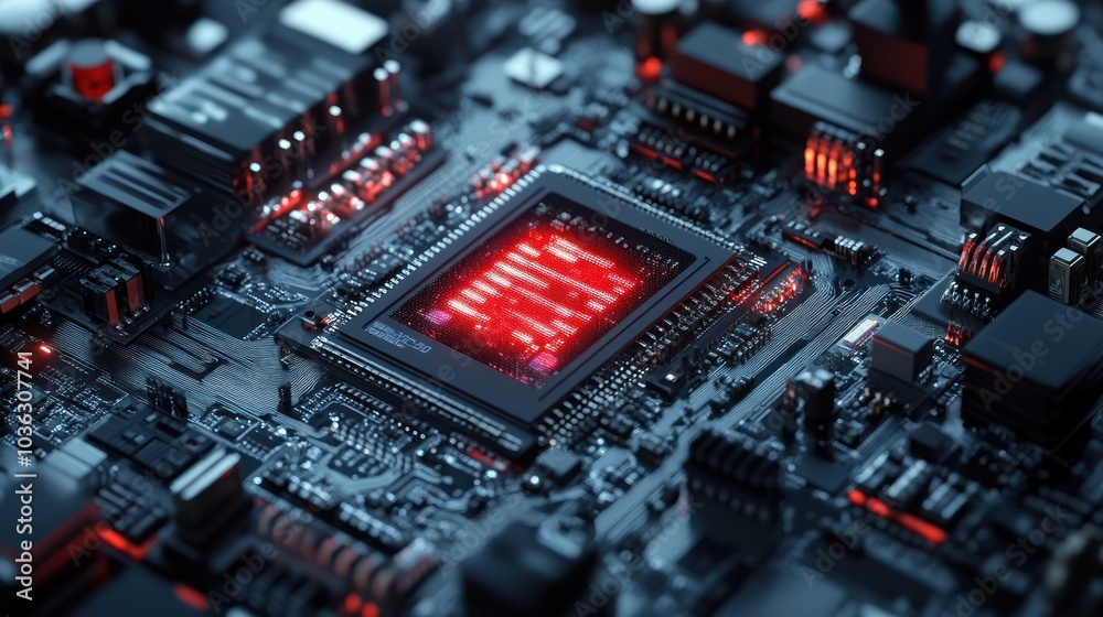 Closeup of a glowing red processor on a circuit board Closeup of a glowing red processor on a circuit board
