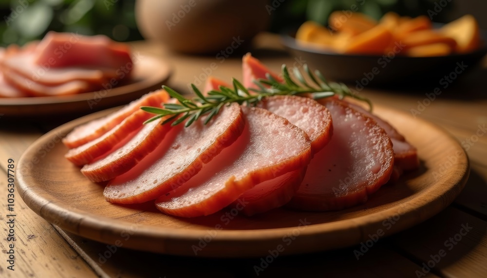 Deliciously sliced ham garnished with fresh herbs ready to serve Deliciously sliced ham garnished with fresh herbs ready to serve