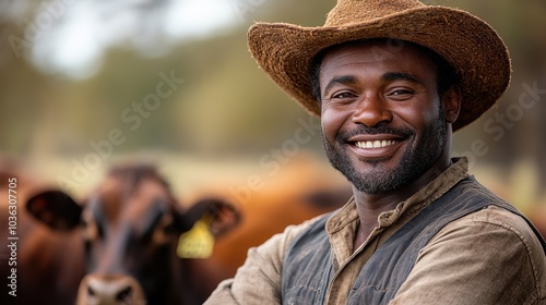 Portrait of a Smiling Farmer with Cows on the Farm, Captured with a Canon R5 Camera and a Nikon Lens, Portrait Photography 