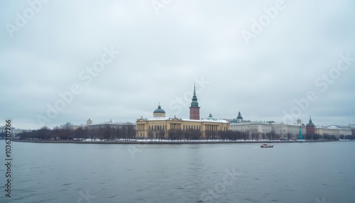  Serene waterside view of a grand historic building