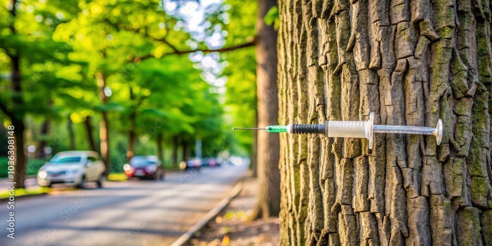 Trunk injection of street trees with equipment , arboreal, injection, urban, maintenance, city, street, trees, trunk, equipment Trunk injection of street trees with equipment , arboreal, injection, urban, maintenance, city, street, trees, trunk, equipment