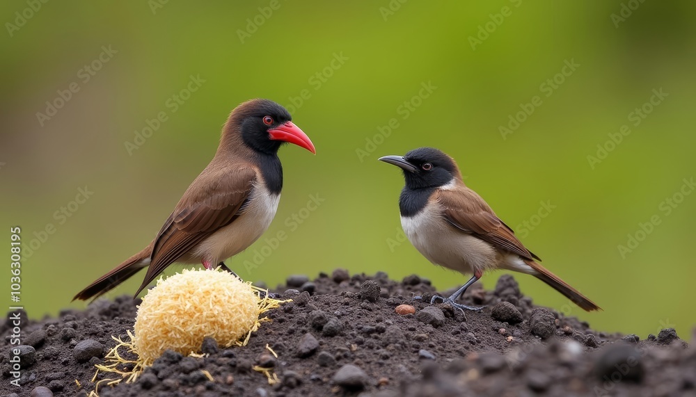 Friendly interaction between two exotic birds in a natural setting Friendly interaction between two exotic birds in a natural setting