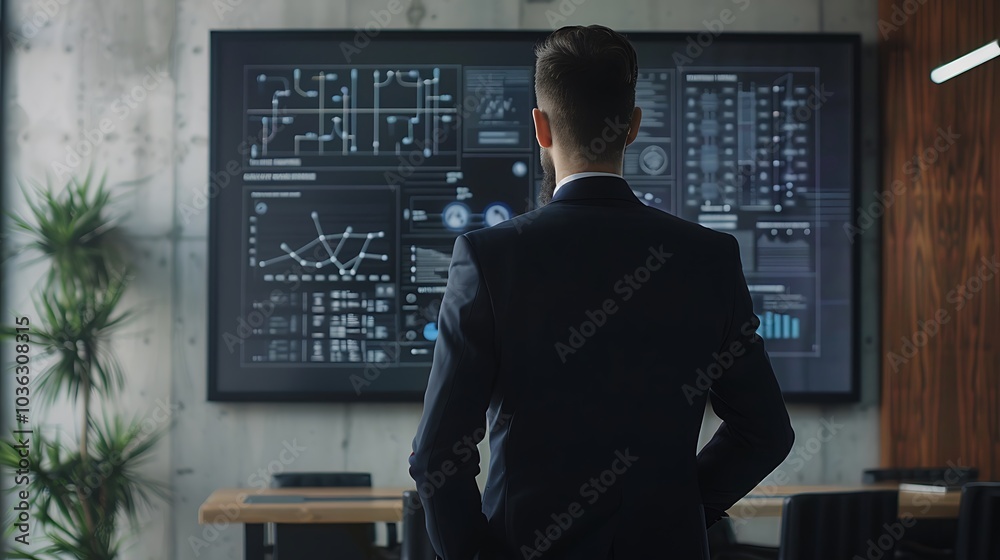 A man in a suit observes data visualizations on a large screen in a modern office setting. A man in a suit observes data visualizations on a large screen in a modern office setting.