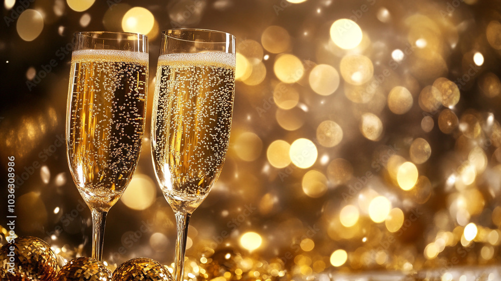 Celebrating New Year's Eve with champagne toast and festive decorations at midnight Celebrating New Year's Eve with champagne toast and festive decorations at midnight