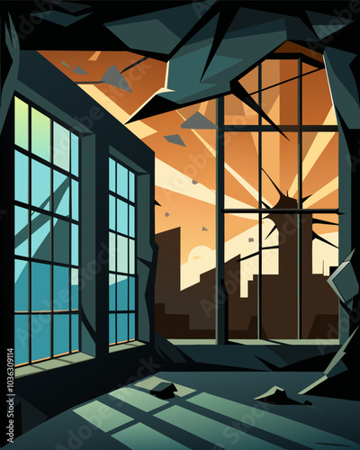 Cracked and broken windows allowed the harsh sunlight to filter into the abandoned factory highlighting the decay and neglect.. Vector illustration