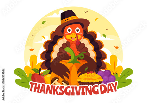 Happy Thanksgiving Day Vector Illustration with Turkey, Pumpkins, Leaves, and Various Other Elements in a Flat Style Cartoon Background