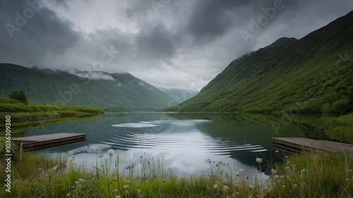 Serene Mountain Lake Reflections with Cloudy Sky and Two Docks. photo