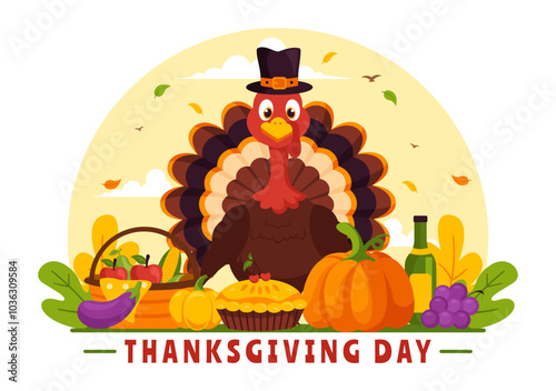 Happy Thanksgiving Day Vector Illustration with Turkey, Pumpkins, Leaves, and Various Other Elements in a Flat Style Cartoon Background
