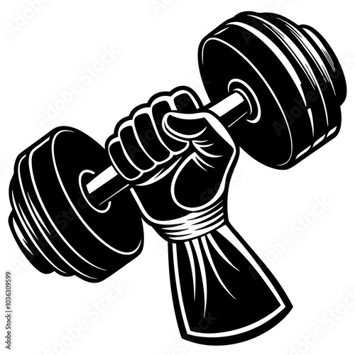 dumbbell with hand gym instrument vector silhouette on white background 