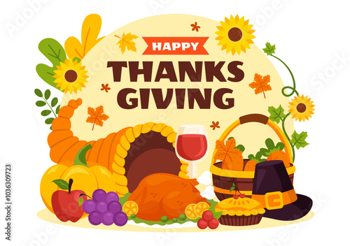 Happy Thanksgiving Day Vector Illustration with Turkey, Pumpkins, Leaves, and Various Other Elements in a Flat Style Cartoon Background