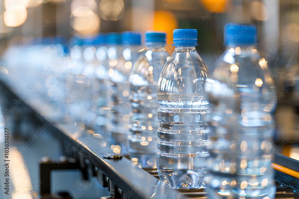 Close-up of plastic water bottles on a conveyor belt in a production and packaging plant, Generative AI
Close-up of plastic water bottles on a conveyor belt in a production and packaging plant, Generative AI
