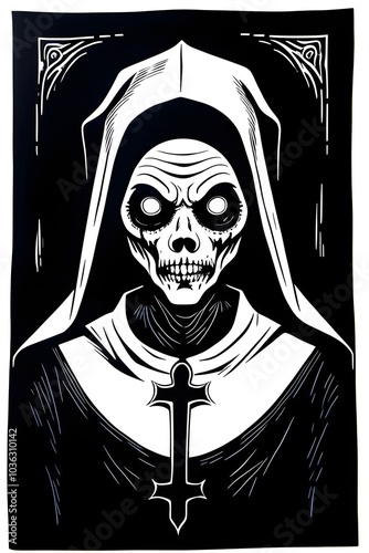 rich black, lino cut of a evil zombie nun, halloween, spooky, eerie, devil, undead, religion, undead, christian, catholic, roman catholic, horror, gothic, frightening, sinister, creepy, macabre, black photo