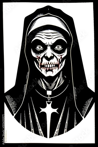 rich black, lino cut of a evil zombie nun, halloween, spooky, eerie, devil, undead, religion, undead, christian, catholic, roman catholic, horror, gothic, frightening, sinister, creepy, macabre, black photo