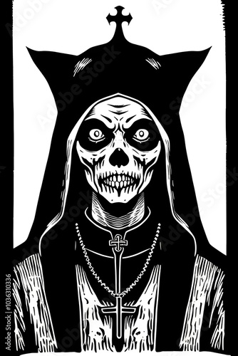 rich black, lino cut of a evil zombie nun, halloween, spooky, eerie, devil, undead, religion, undead, christian, catholic, roman catholic, horror, gothic, frightening, sinister, creepy, macabre, black photo