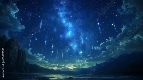 Bioluminescent Meteor Shower Over Serene Landscape