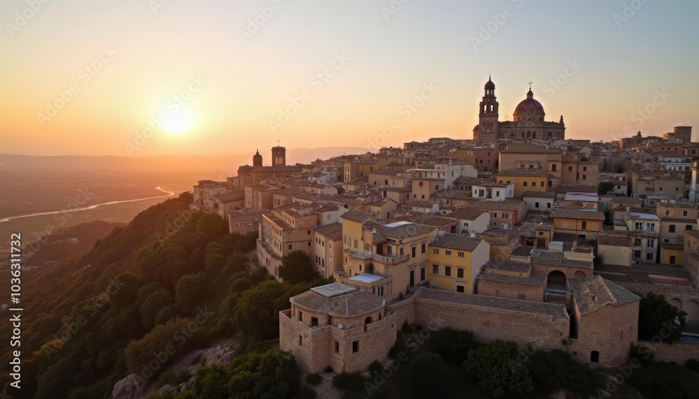 Naklejka premium Sunset over a historic hilltop town