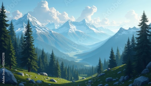  Enchanting mountain landscape with lush forest and clear skies