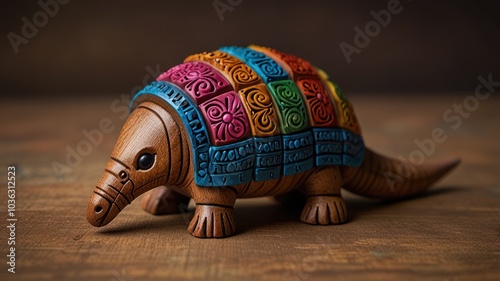 A colorful wooden armadillo figurine on a wooden table. photo