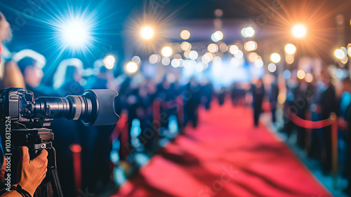 Photographers capturing moments on illuminated red carpet. Journalists and photographers capturing VIP arrivals.