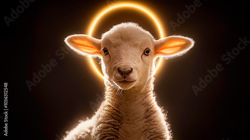 Lamb with glowing halo symbolizing innocence and purity. photo